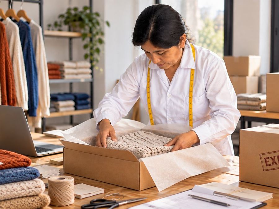 Artesana empacando una prenda tejida para exportación